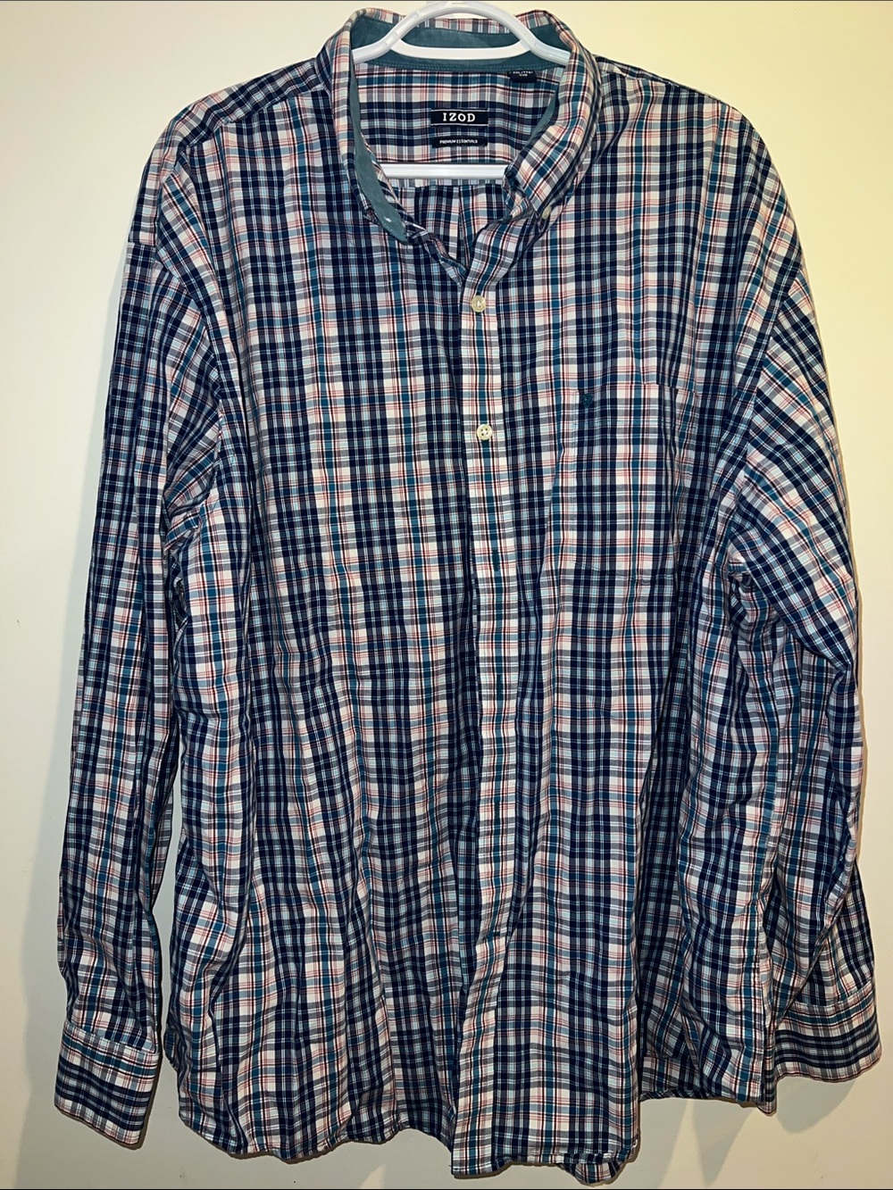 Izod Men’s Navy and White Plaid Button-Up Shirt with Red and Light Blue Accents